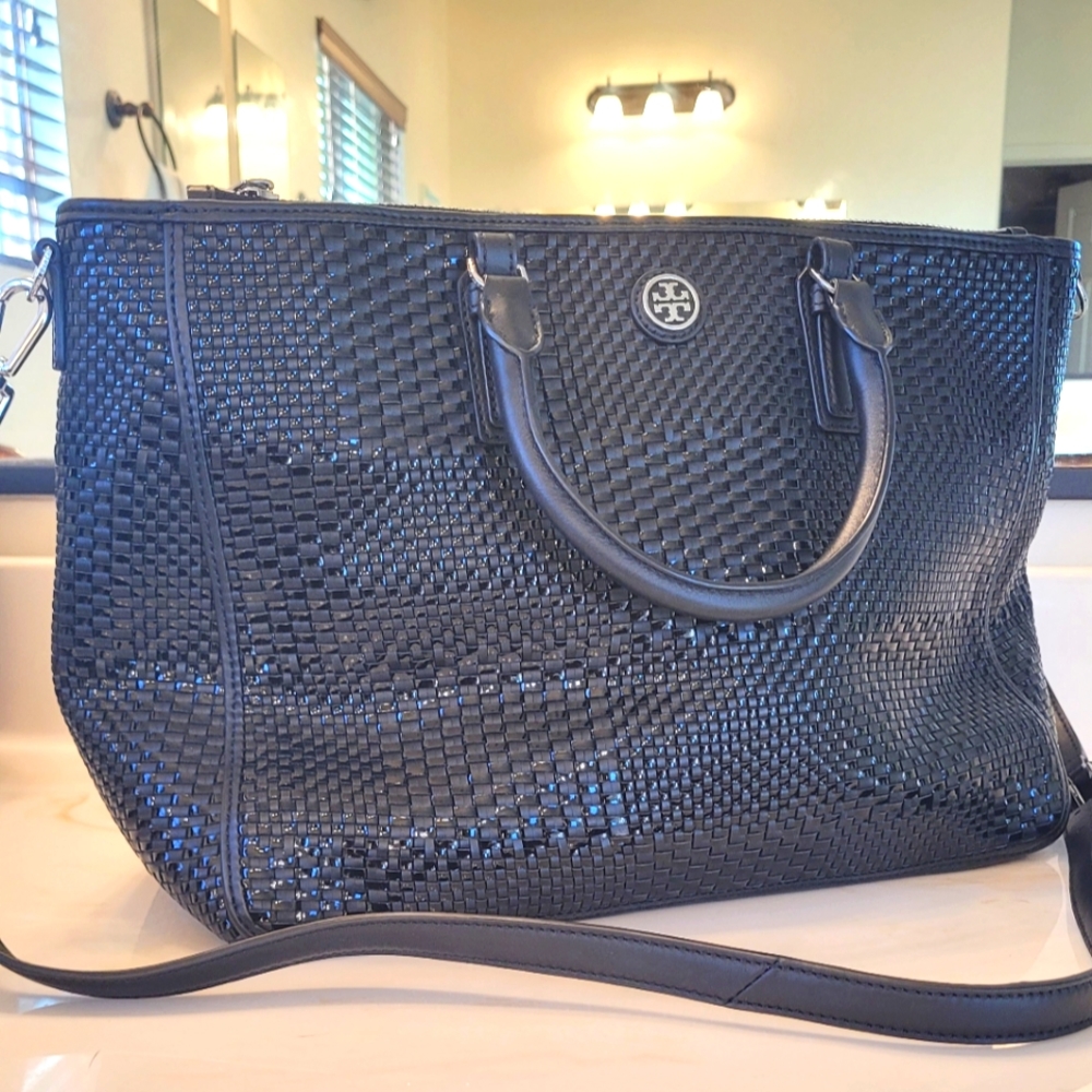 Tory Burch Robinson Double Zip Woven Leather Multi Tote Black Leather Bag